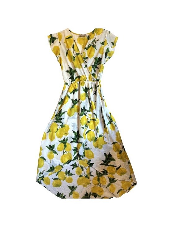 Dream Of Me Dresses & Skirts - Dream Of Me Lemon Print High/Low Faux Wrap Dress Cap Sleeves Elastic Waist M